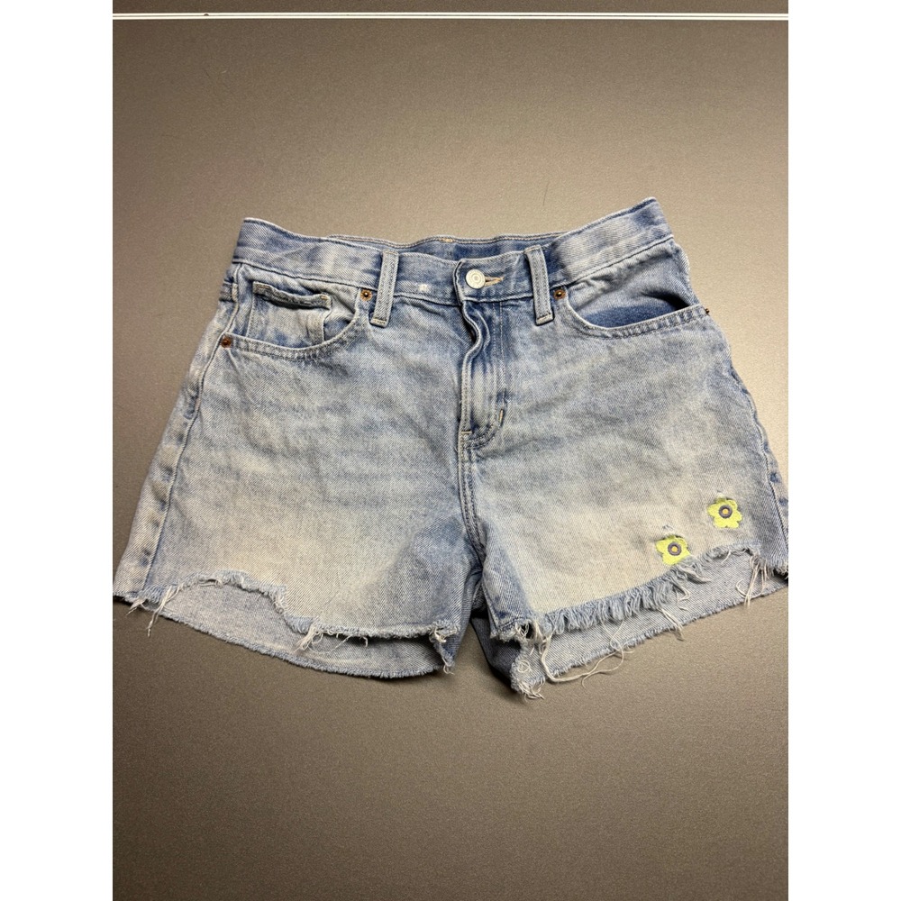 Old Navy Girls Light Wash Raw Hem Denim Shorts Flower Embroidery Size 12 Plus